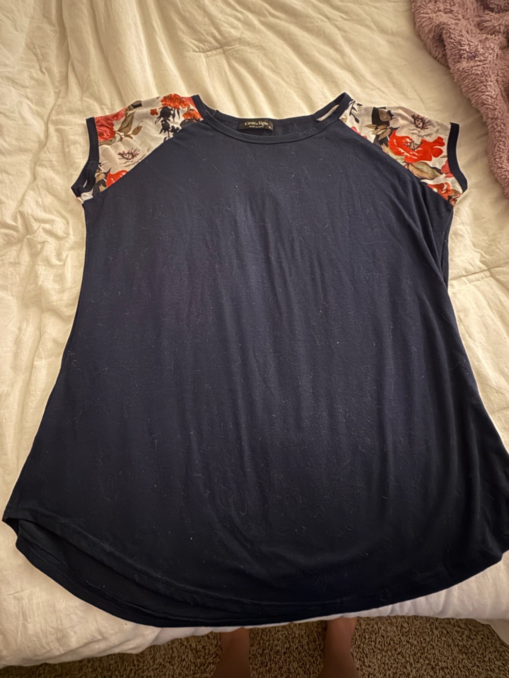 Navy Short Sleeve Tee with Floral Cap-Sleeves